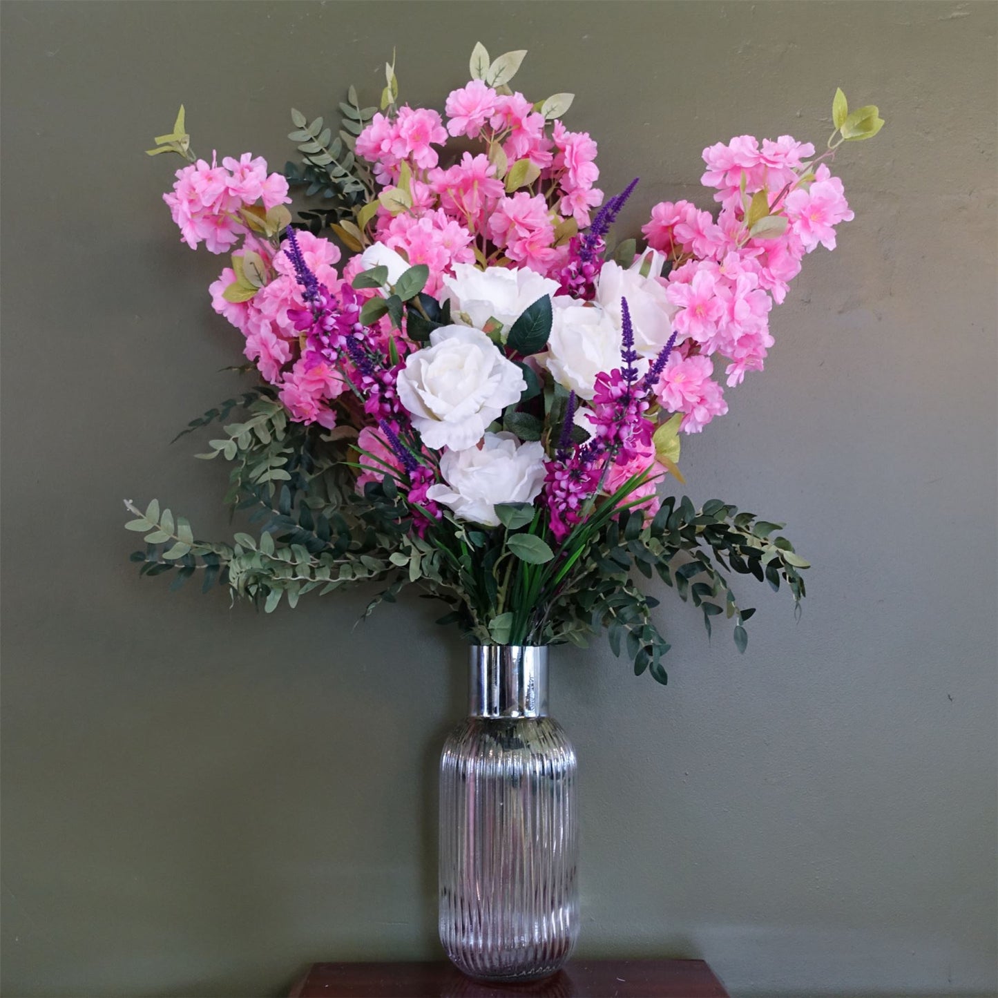 100cm Large Artificial Pink Blossom & White Rose Flower Arrangement in Ombre Glass Vase