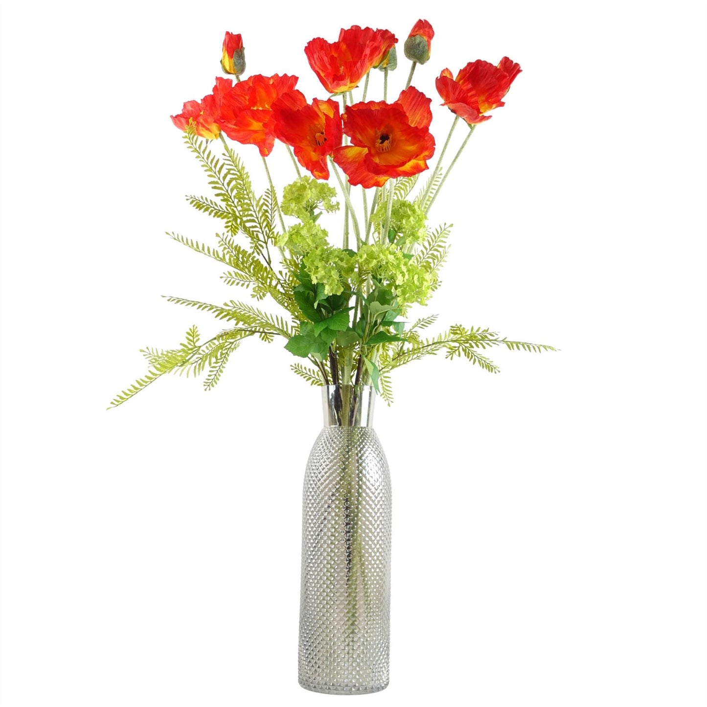 100cm Large Artificial Red Poppy & Fern Flower Arrangement in Smoke Grey Tall Glass Vase