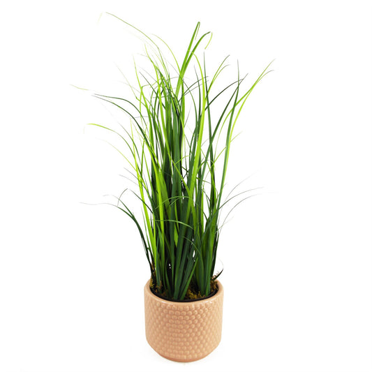 60cm Medium Artificial Grass Plant with Peach Dusty Pink Ceramic Planter – Faux Grass Plant