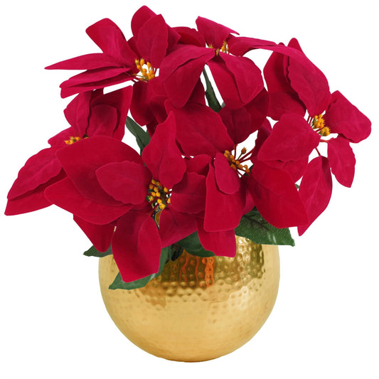 40cm Small Artificial Red Poinsettia in Medium Gold Curved-Edge Metal Planter – Faux Christmas Flower
