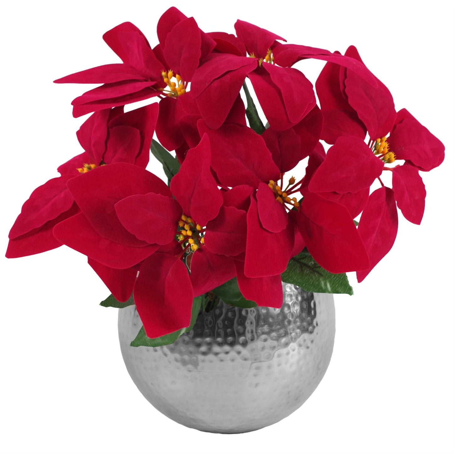 40cm Small Artificial Red Poinsettia in Medium Silver Curved-Edge Metal Planter – Faux Christmas Flower