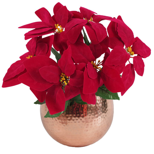 40cm Small Artificial Red Poinsettia in Medium Copper Curved-Edge Metal Planter – Faux Christmas Flower