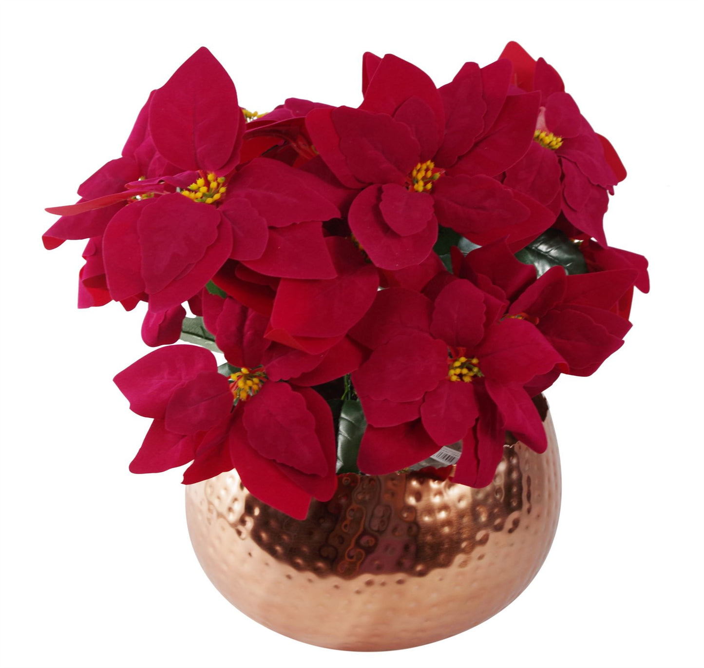 40cm Small Artificial Red Poinsettia in Large Copper Curved-Edge Metal Planter – Faux Christmas Flower