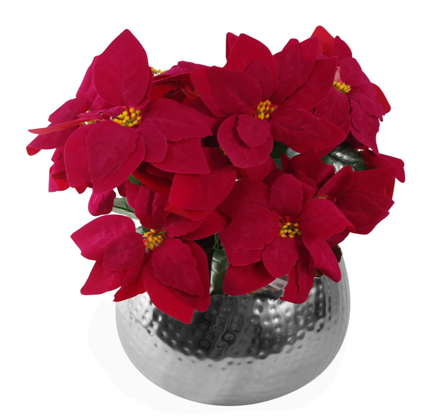 40cm Small Artificial Red Poinsettia in Large Silver Straight-Edge Metal Planter – Faux Christmas Flower