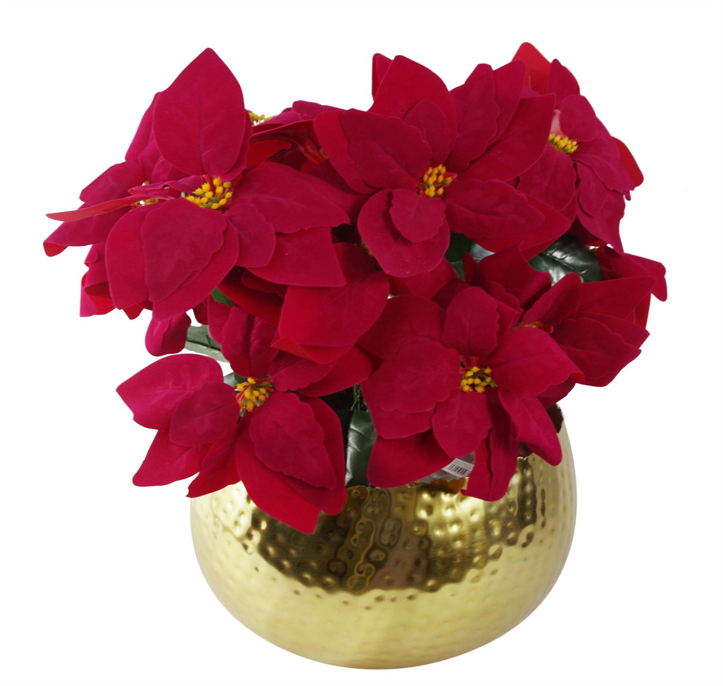40cm Small Artificial Red Poinsettia in Large Gold Curved-Edge Metal Planter – Faux Christmas Flower
