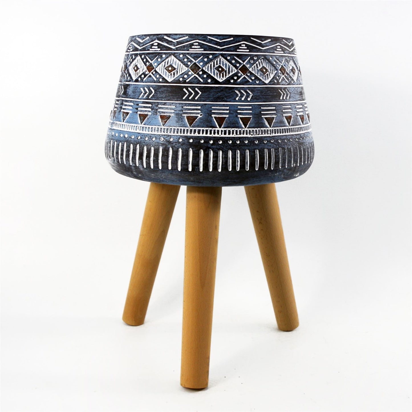 44cm x 26cm Large Aztec Blue Composite Planter with Wooden Legs – Indoor Plant Stand