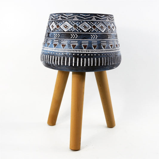44cm x 26cm Large Aztec Blue Composite Planter with Wooden Legs – Indoor Plant Stand