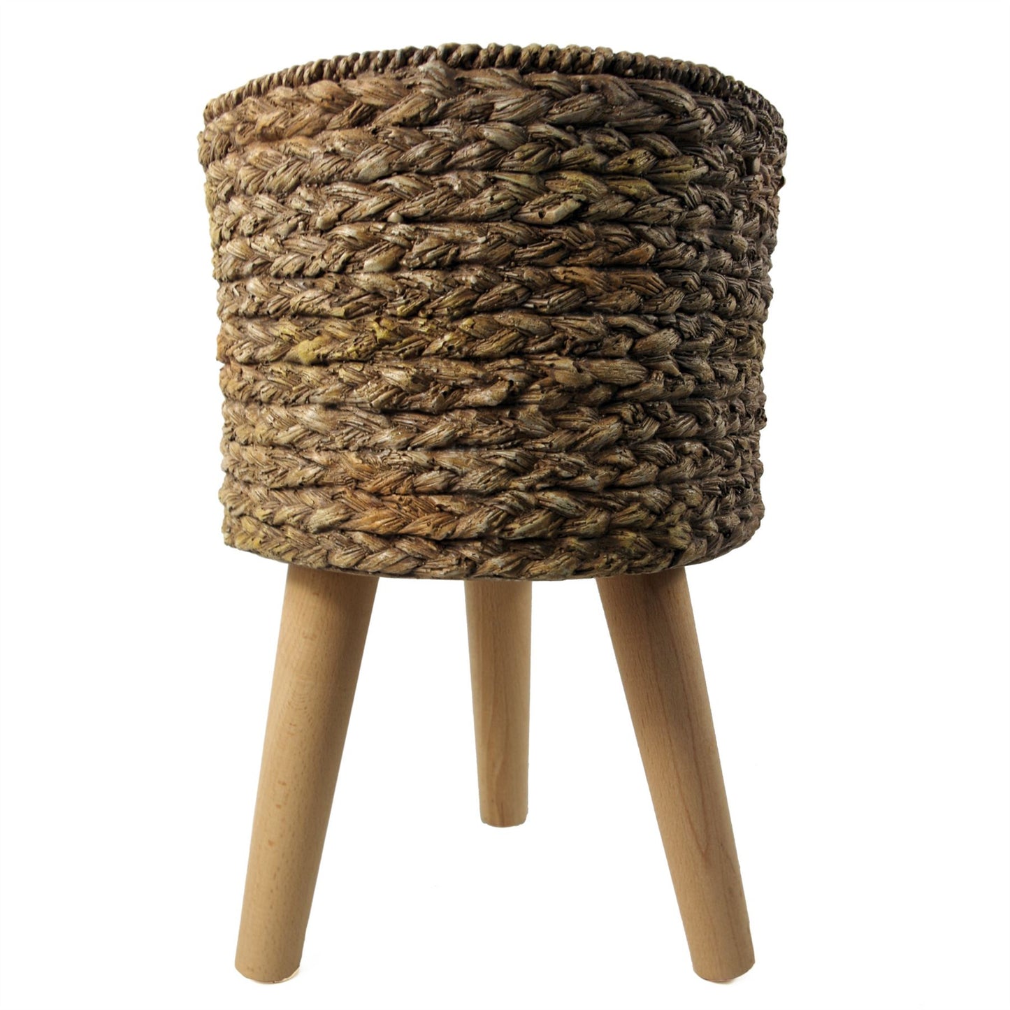 39cm x 26cm Large Chunky Weave Effect Composite Planter with Wooden Legs – Indoor Plant Stand