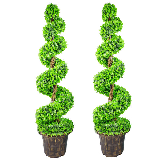 Pair of 120cm Medium Artificial Green Leaf Spiral Topiary Trees with Decorative Planters