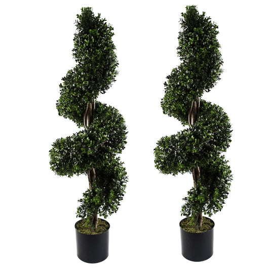 Pair of 120cm Medium Spiral Buxus Artificial Trees – UV Protected Outdoor Topiary Set
