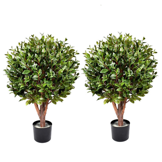 Pair of 90cm Small UV Resistant Artificial Bay Topiary Trees – Single Ball Design with Natural Trunks & 1,608 Leaves