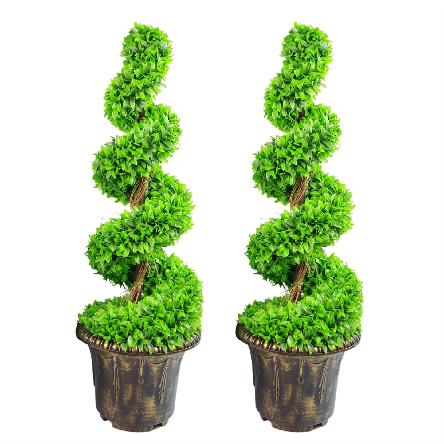 Pair of 90cm Small Artificial Green Leaf Spiral Topiary Trees with Decorative Planters