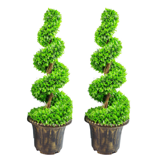 Pair of 90cm Small Artificial Green Leaf Spiral Topiary Trees with Decorative Planters