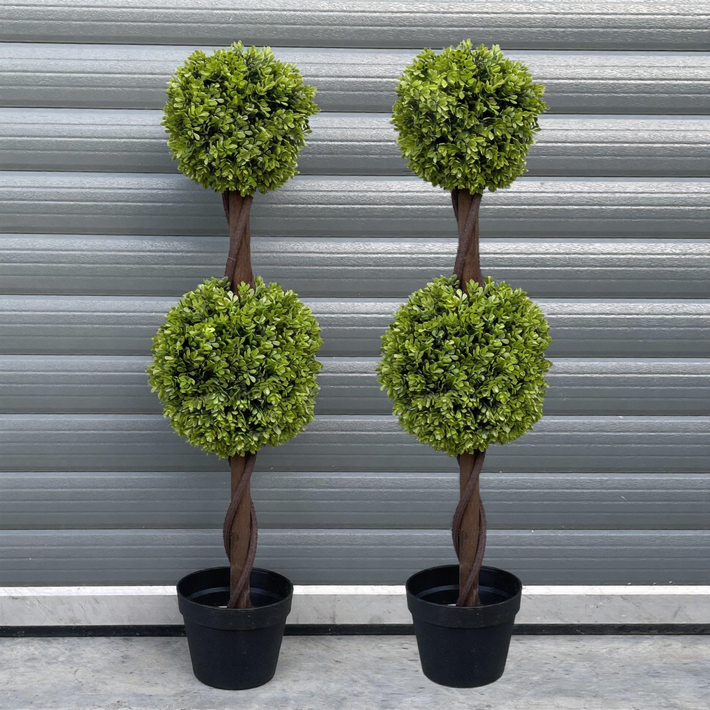 Pair of 90cm Small Artificial Double Ball Topiary Trees – Faux Topiary Tree Set