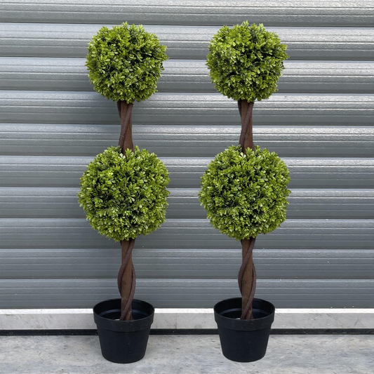 Pair of 90cm Small Artificial Double Ball Topiary Trees – Faux Topiary Tree Set