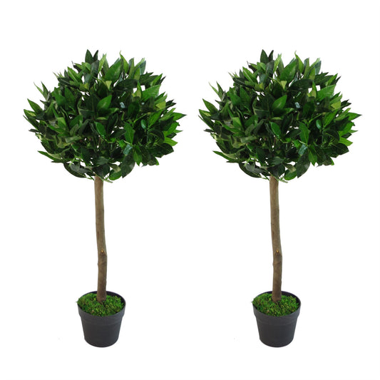 Pair of 90cm Small Artificial Bay Laurel Ball Trees – Plain Natural Trunks for Elegant Home or Office Décor