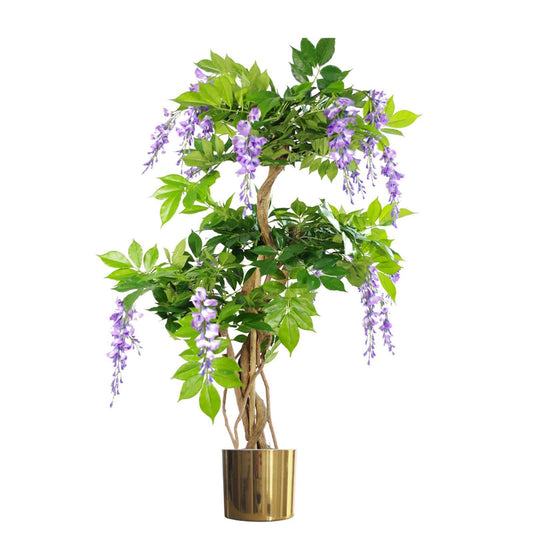 110cm Medium Artificial Purple Wisteria Tree with Gold Planter – Faux Indoor Tree
