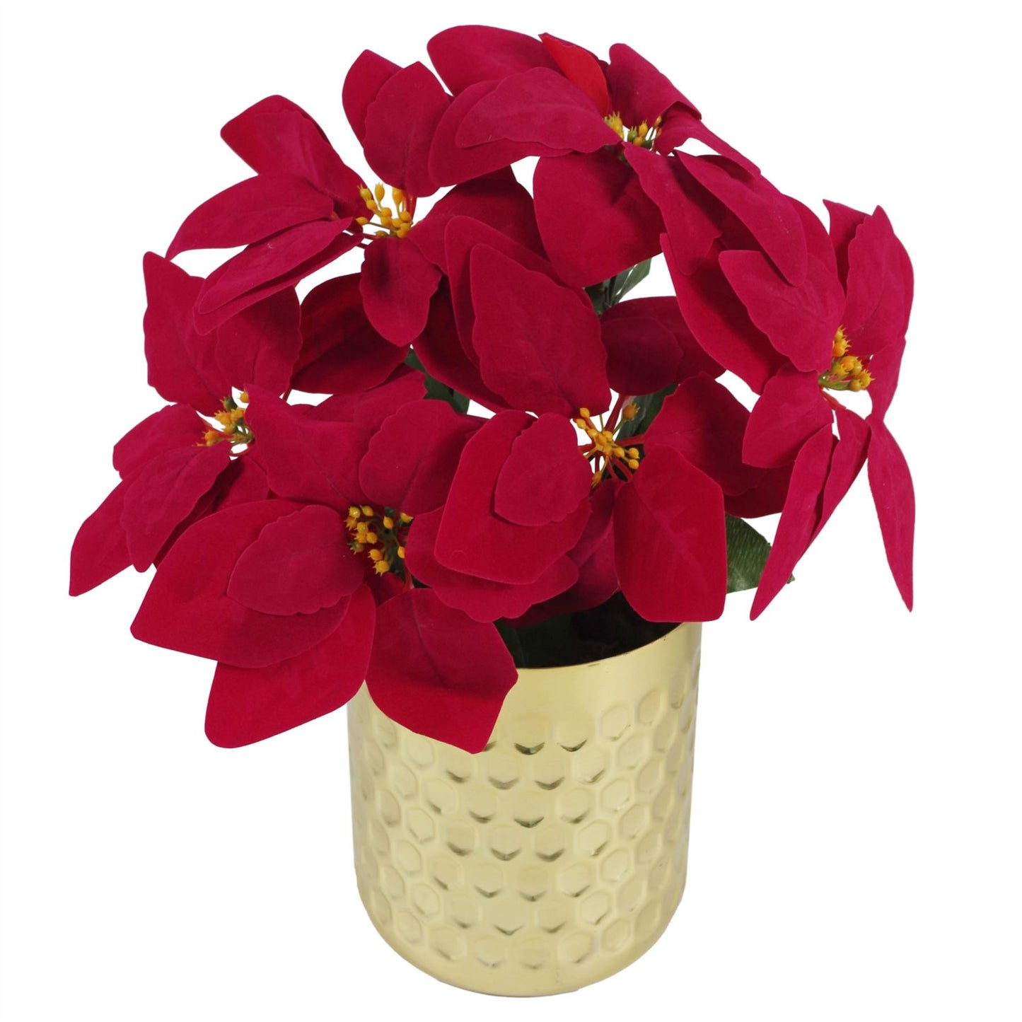 40cm Small Artificial Red Poinsettia in Small Gold Honeycomb Metal Planter – Faux Christmas Flower