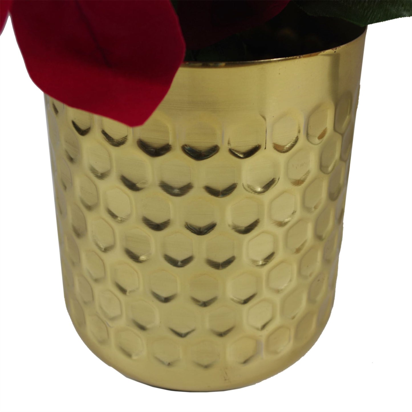 40cm Small Artificial Red Poinsettia in Small Gold Honeycomb Metal Planter – Faux Christmas Flower