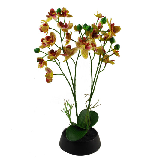 43cm Small Yellow & Pink Artificial Orchid in Black Ceramic Planter - Elegant Faux Orchid Arrangement