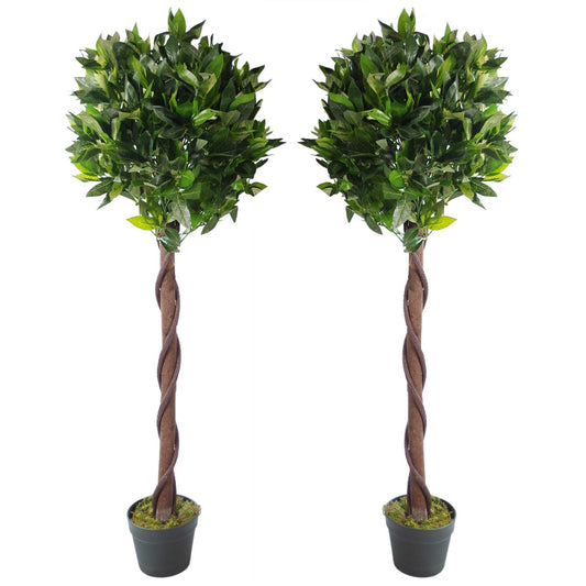 Pair of 120cm Medium Artificial Topiary Bay Trees with Twisted Trunks – Realistic Bay Laurel Ball Design