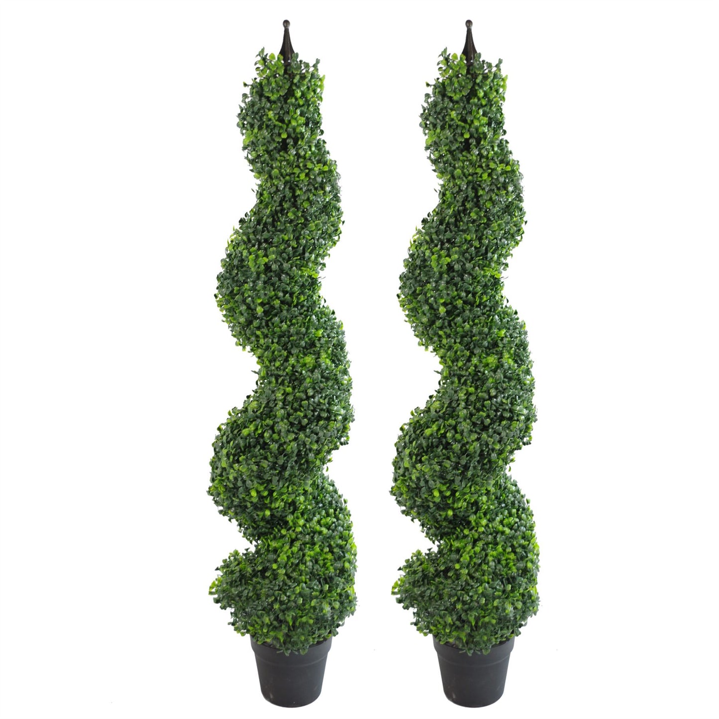 Pair of 120cm Medium Artificial Boxwood Spiral Topiary Trees with Decorative Metal Tops – Indoor or Outdoors