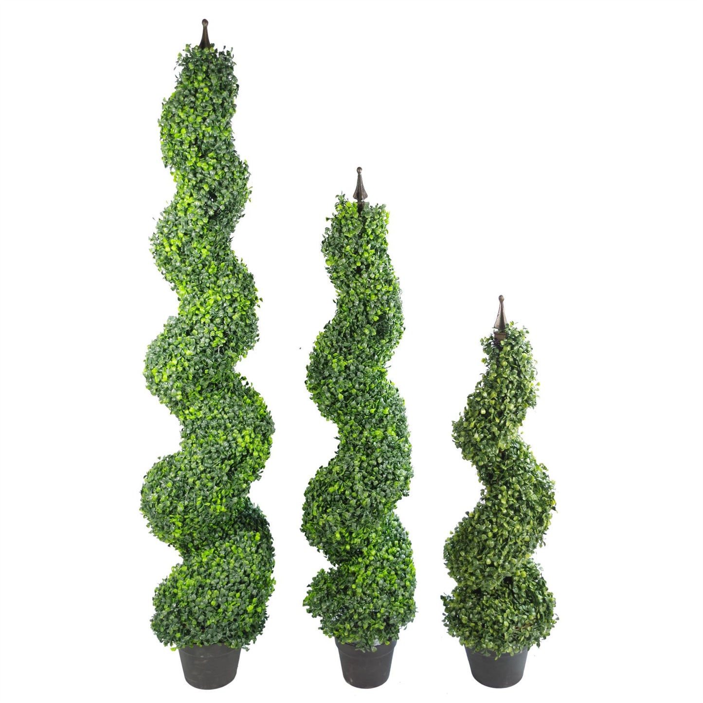 Pair of 120cm Medium Artificial Boxwood Spiral Topiary Trees with Decorative Metal Tops – Indoor or Outdoors