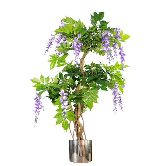 110cm Medium Artificial Purple Wisteria Tree with Silver Planter – Faux Indoor Tree