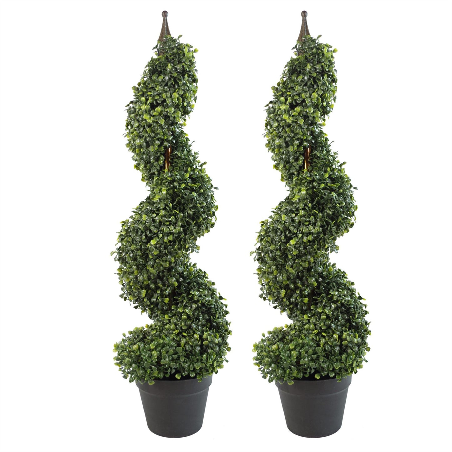 Pair of 90cm Small Artificial Boxwood Spiral Topiary Trees with Decorative Metal Tops – Indoors & Outdoors