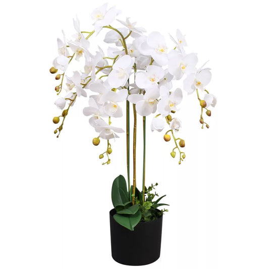 85cm Medium Artificial White Orchid Bush in Black Pot - Deluxe Faux Orchid Plant