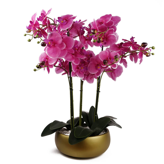 60cm Medium Pink Artificial Orchid in Gold Ceramic Planter – Realistic & Elegant Floral Display