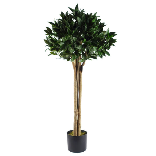 120cm Medium Artificial Bay Tree Laurel – UV Resistant Outdoor Topiary with Real Wood Trunk