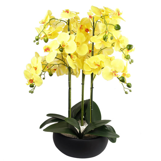 60cm Medium Yellow Artificial Orchid in Black Ceramic Planter – Realistic Elegant Display