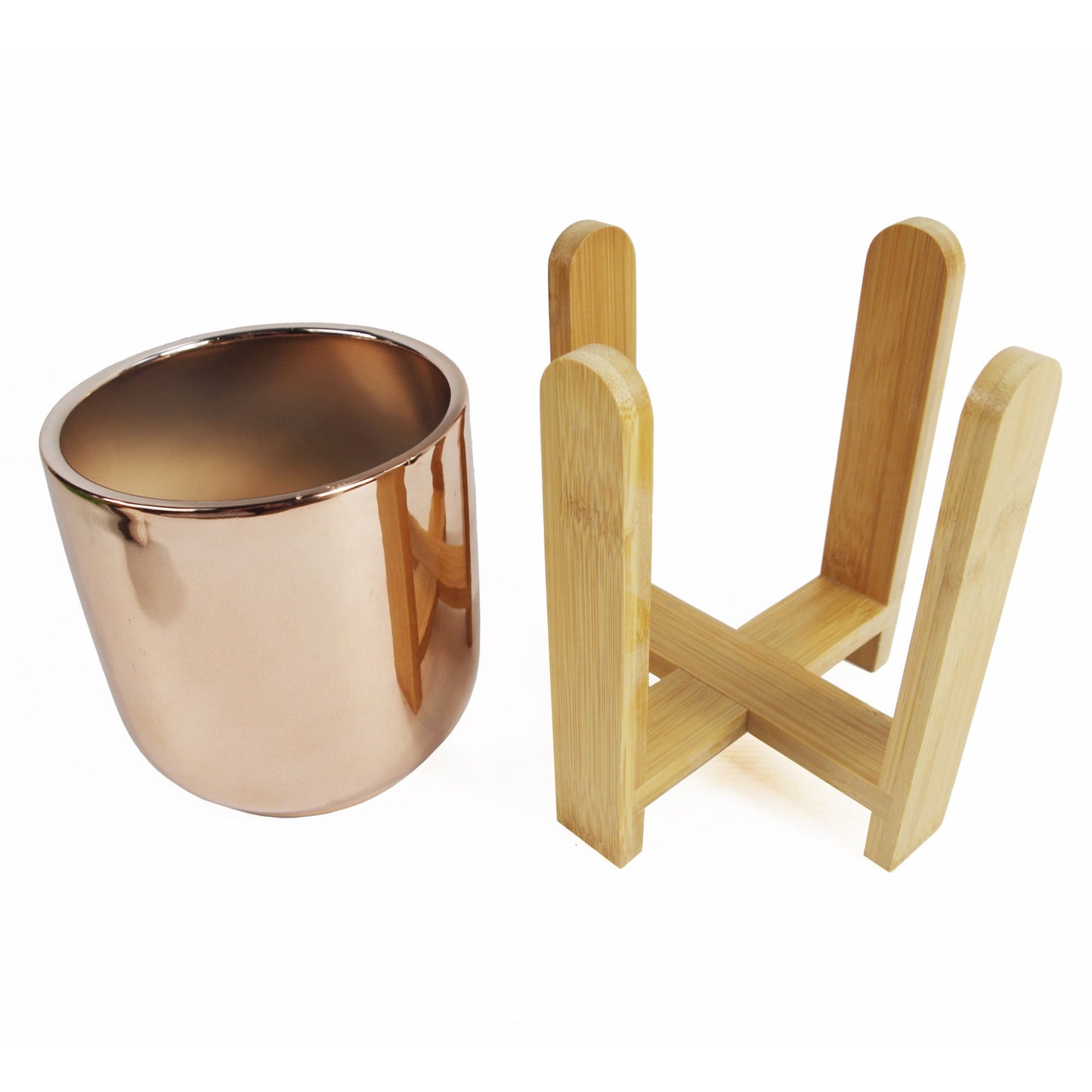 16cm x 15cm Small Gold Ceramic Planter with Bamboo Stand – Modern Indoor Plant Stand