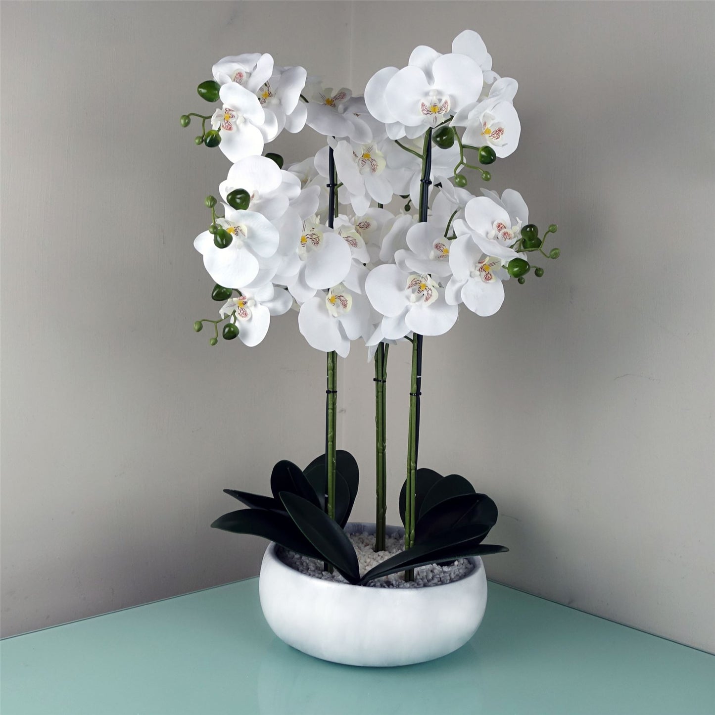 60cm Medium White Artificial Orchid in Marble Effect Ceramic Planter – Elegant Realistic Display