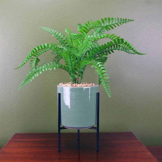 40cm Small Artificial Fern with Ceramic Planter & Stand – Faux Fern Display Plant