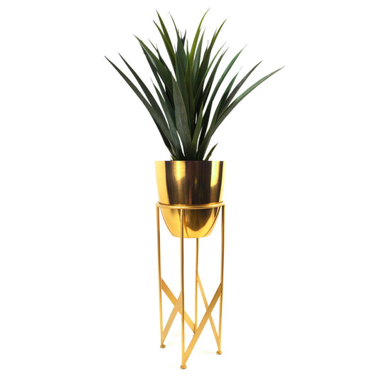 60cm Medium Artificial Agave Yucca Plant with Gold Planter – Realistic Faux Desert Plant in Metal Stand