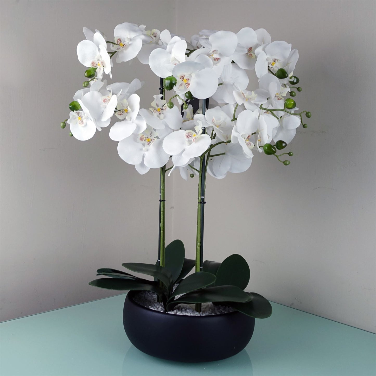 60cm Medium White Artificial Orchid in Black Ceramic Planter – Elegant Realistic Design