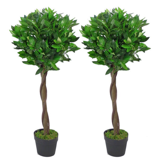 Pair of 90cm Small Artificial Bay Trees – Twisted Trunk Laurel Ball Topiary for Elegant Entrances