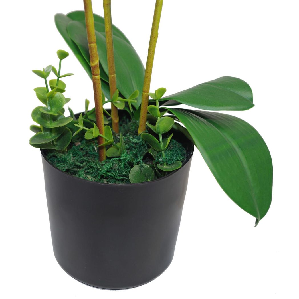 70cm Medium Artificial Pink Orchid Display in Large Gold Curved-Edge Metal Planter - Faux Orchid Arrangement
