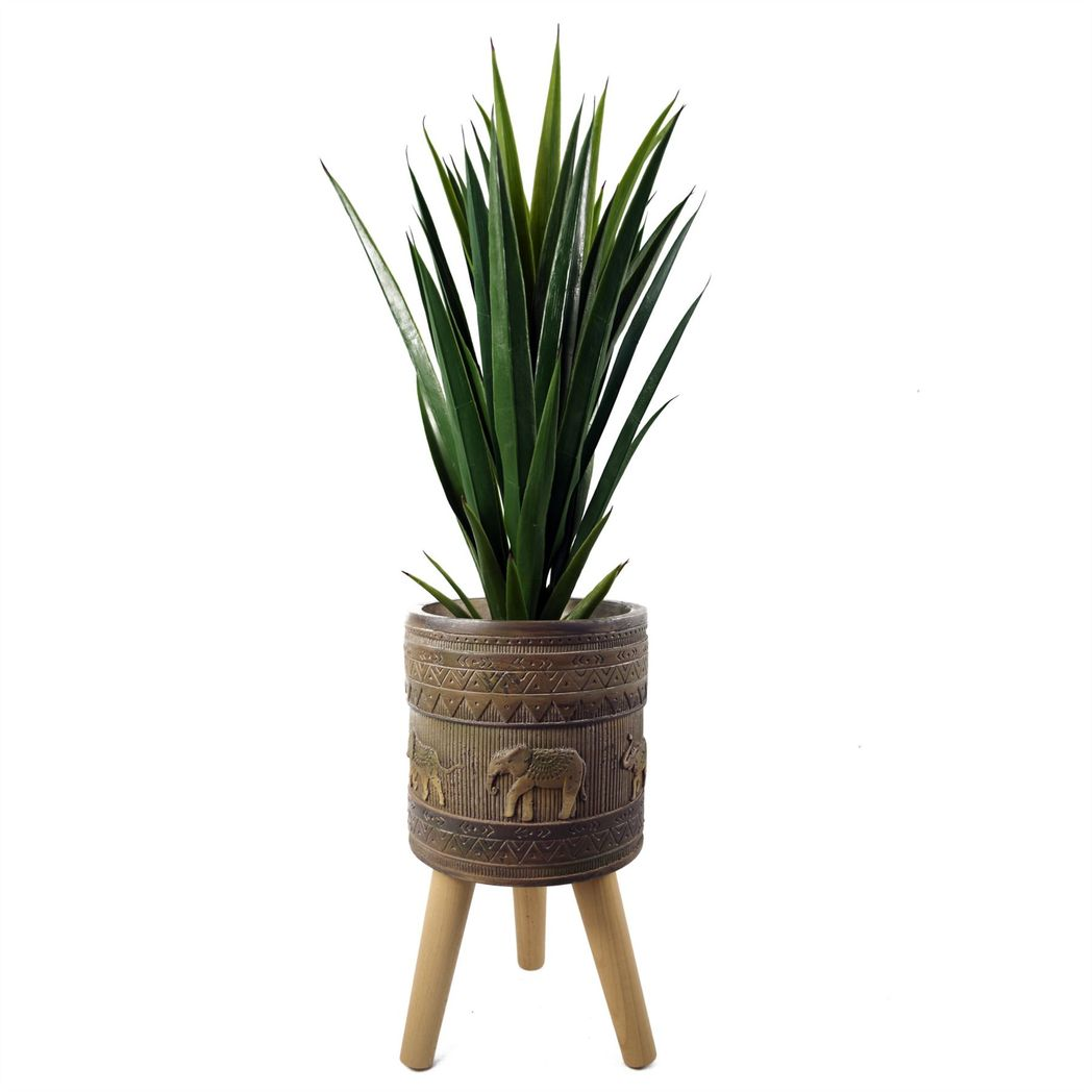 40cm x 21.5cm Large Zandi Elephant Composite Planter with Wooden Legs – Indoor Plant Stand