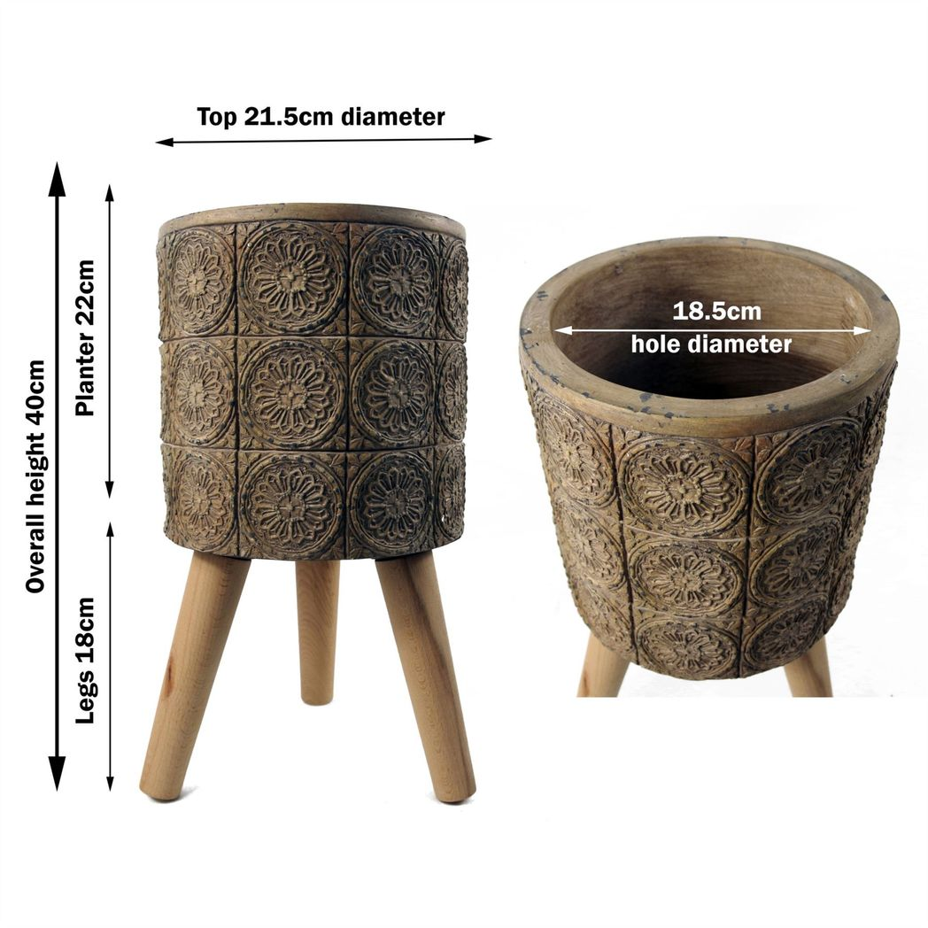 40cm x 21.5cm Large Zandi Flowers Composite Planter with Wooden Legs – Indoor Plant Stand