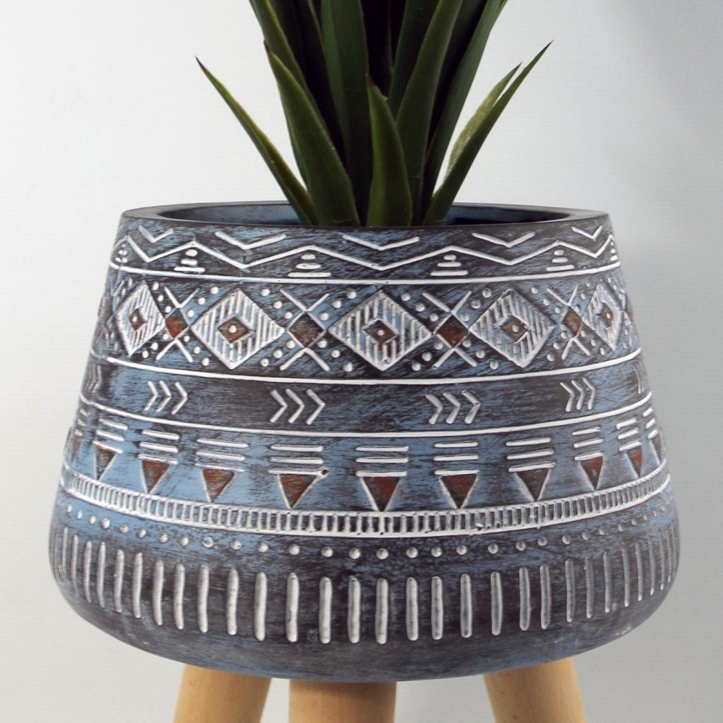 44cm x 26cm Large Aztec Blue Composite Planter with Wooden Legs – Indoor Plant Stand