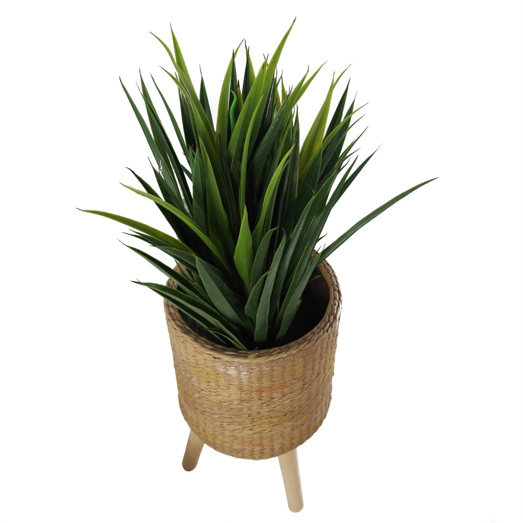 54cm x 30cm Large Rattan Effect Composite Planter with Wooden Legs – Indoor Plant Stand