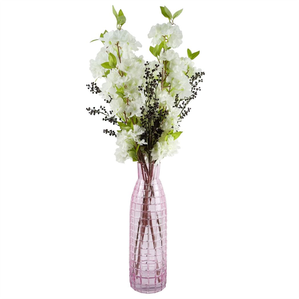 49cm Extra Large Pink Square Glass Round Vase – Tall Textured Bud Vase for Real or Artificial Flowers