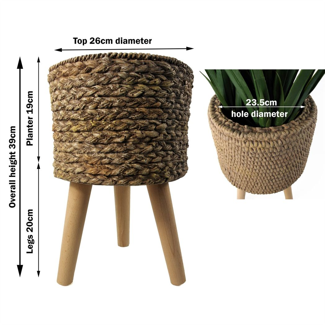 39cm x 26cm Large Chunky Weave Effect Composite Planter with Wooden Legs – Indoor Plant Stand