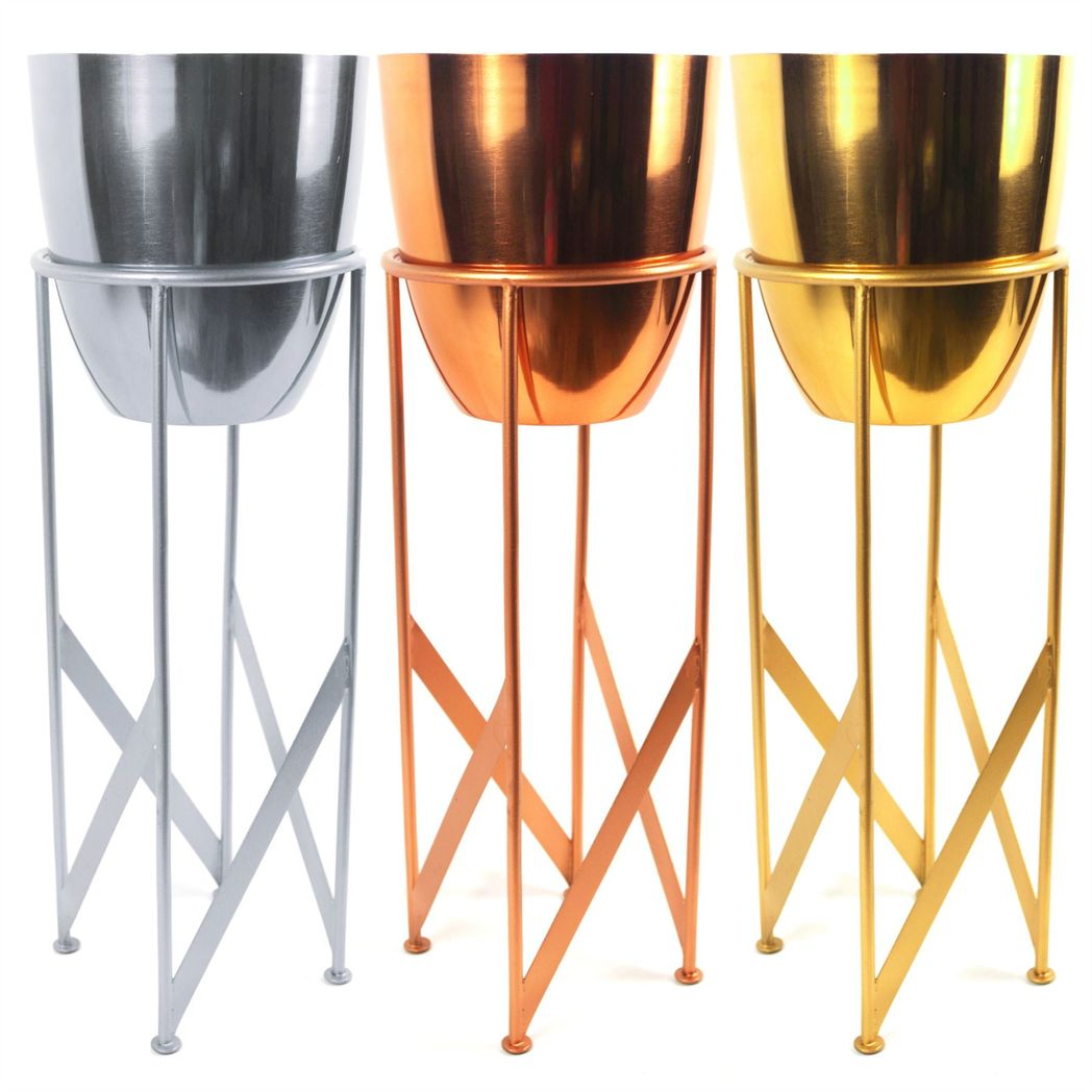 55cm x 19cm Medium Gold Metal Planter with Matching Stand – Indoor Plant Stand