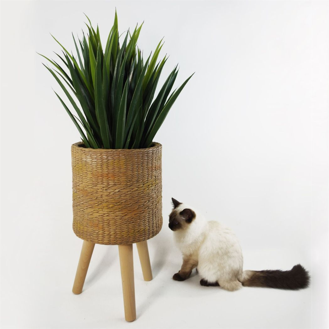 54cm x 30cm Large Rattan Effect Composite Planter with Wooden Legs – Indoor Plant Stand