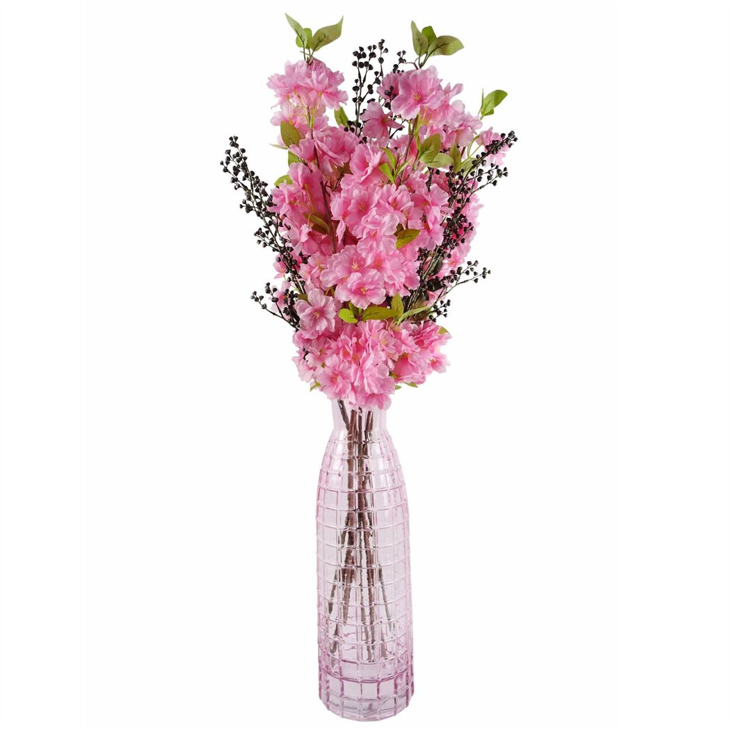 49cm Extra Large Pink Square Glass Round Vase – Tall Textured Bud Vase for Real or Artificial Flowers