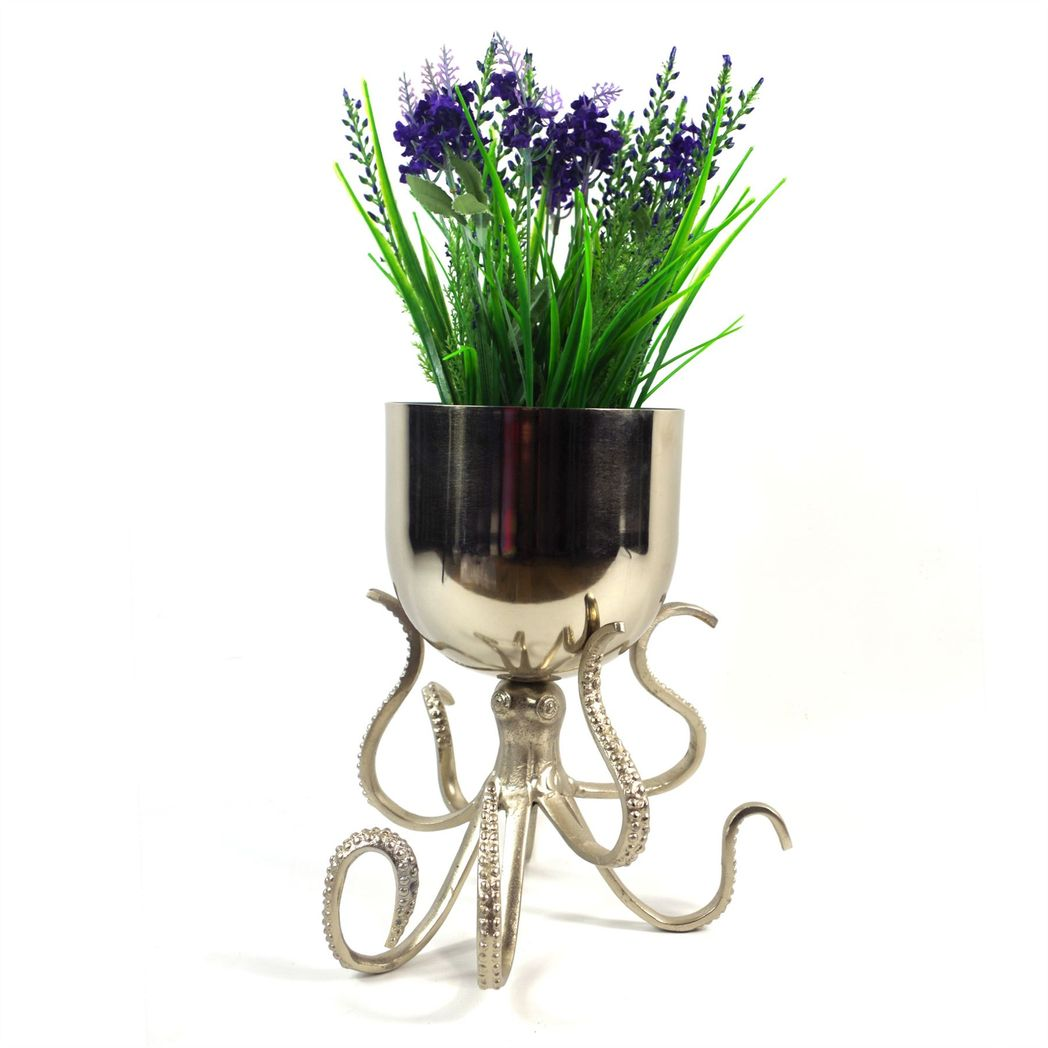 48cm x 28cm Small Silver Metal Octopus Bowl Planter – Decorative Indoor Plant Stand